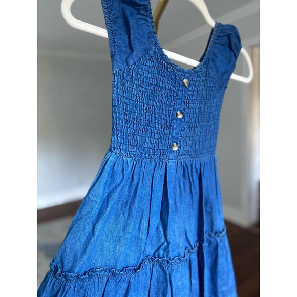 New Glory Mini Dress Smocked Denim Summer Wedding Preppy Boho Cottagecore Party - Picture 2 of 6